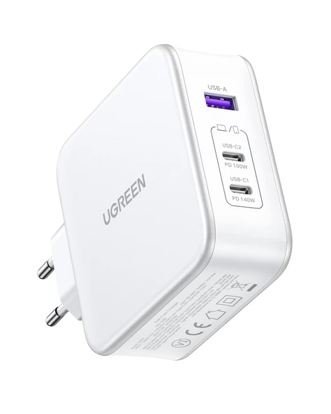 UGREEN Nexode 140W GaN 3 Portlu Hızlı Şarj Cihazı 1xUSB-A, 2xUSB-C QC 4.0 PD 3.1, Beyaz, 15339 - 3