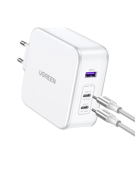 UGREEN Nexode 140W GaN 3 Portlu Hızlı Şarj Cihazı 1xUSB-A, 2xUSB-C QC 4.0 PD 3.1, Beyaz, 15339 - 4