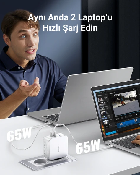 UGREEN Nexode 140W GaN 3 Portlu Hızlı Şarj Cihazı 1xUSB-A, 2xUSB-C QC 4.0 PD 3.1, Beyaz, 15339 - 8