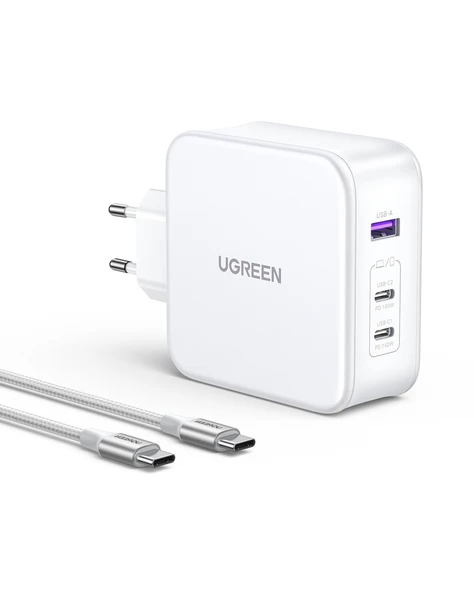 UGREEN Nexode 140W GaN 3 Portlu Hızlı Şarj Cihazı 1xUSB-A, 2xUSB-C QC 4.0 PD 3.1, Beyaz, 15339 - 1