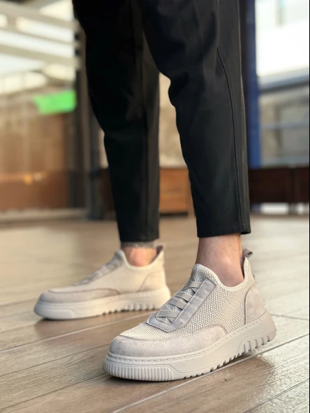 ET0911 Özel Örme Triko Deri Tozu Detaylı Bej Günlük Spor Ayakkabı - Resim 3