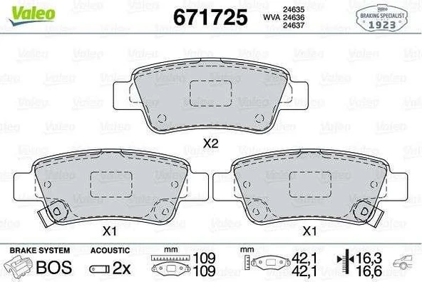 Honda Arka Fren Balatası Honda Cr-V 2.0 I-Vtec 07>12 / Cr-V 1.6 I-Dtec 12> - Valeo 671725 - Resim 1