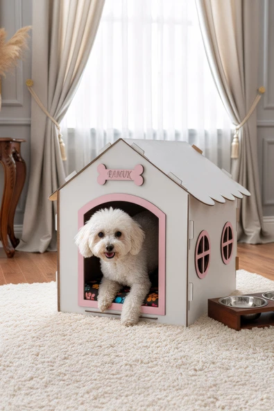 Ahşap Dekoratif Köpek Evi-Kulübesi, Küçük Irk Köpekler İçin Kulübe, Köpek Kulübesi Beyaz-Pembe