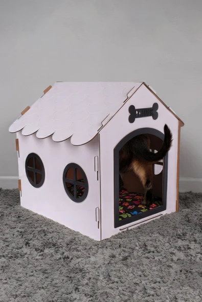 Ahşap Dekoratif Köpek Evi-Kulübesi, Küçük Irk Köpekler İçin Kulübe, Köpek Kulübesi Beyaz-Siyah