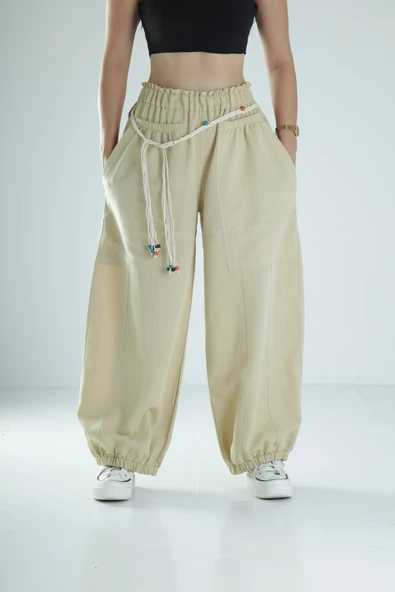 Tasarım Keten Açık Yeşil Baggy Pantolon - 1