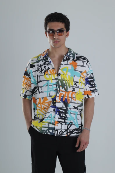 Erkek Renkli Desenli Hawai Gömlek - 1