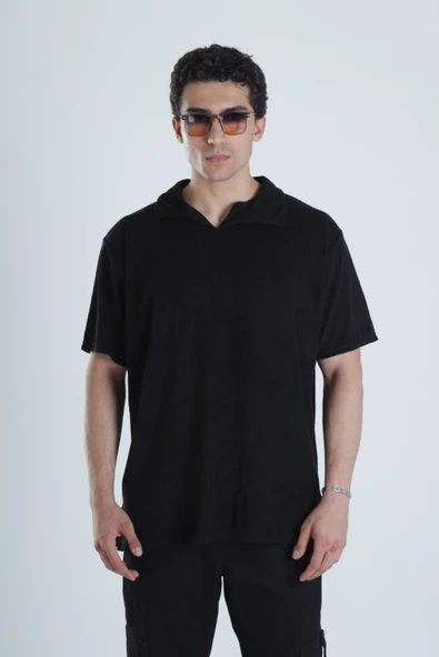 Erkek Siyah T-Shirt Dokuma Kumaş - 1