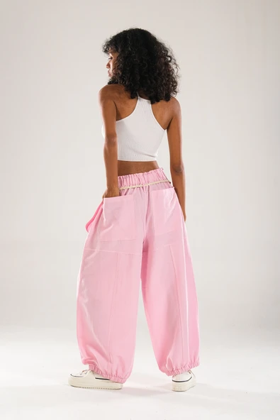 Tasarım Keten Pembe Baggy Pantolon - 4
