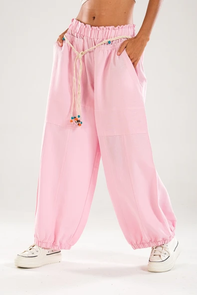 Tasarım Keten Pembe Baggy Pantolon - 2