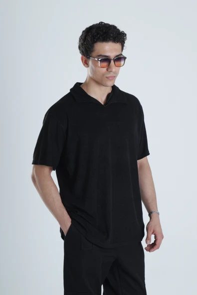Erkek Siyah T-Shirt Dokuma Kumaş - 3