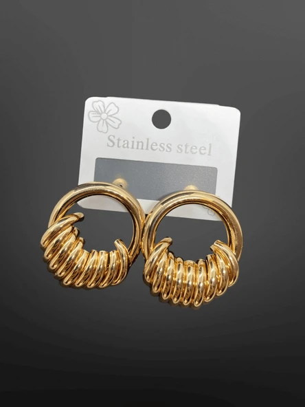 Altın Renk Kaplama Halka Model Kadın Küpe – 316L Çelik, Spiral Detaylı Modern Tasarım ürün görseli 1