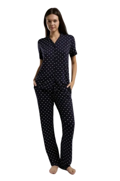 Arnetta Kadın Lacivert Kısa Kol Boydan Düğmeli Pijama Takım 3226 - Resim 2