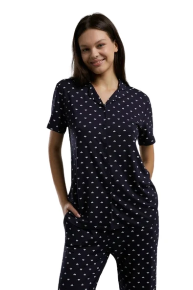 Arnetta Kadın Lacivert Kısa Kol Boydan Düğmeli Pijama Takım 3226 ürün görseli 1