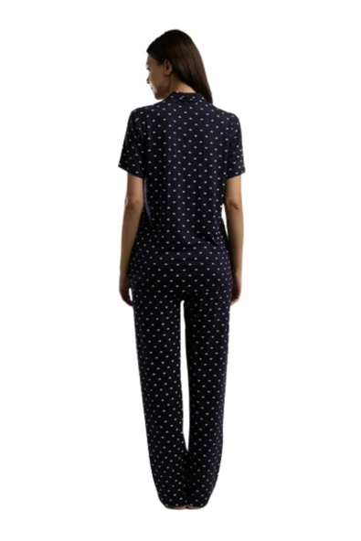Arnetta Kadın Lacivert Kısa Kol Boydan Düğmeli Pijama Takım 3226 - Resim 3