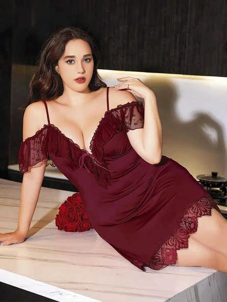 Bicomi Büyük Beden Bordo Dantel İşlemeli İnce Askılı Gecelik - Resim 2