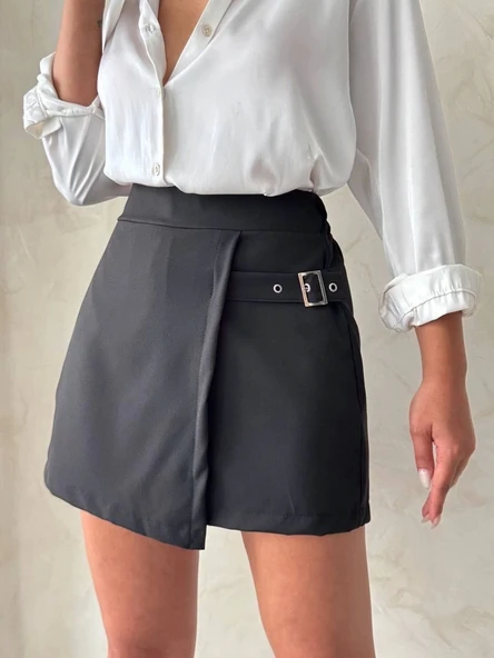 BİÇOMİ Kadın tokalı şort etek siyah s25449 ürün görseli