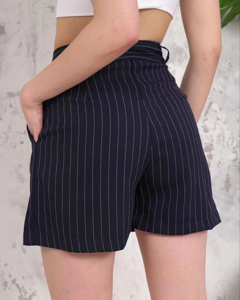 BİÇOMİ Çizgili düğmeli şort siyah s2551251 - Resim 4