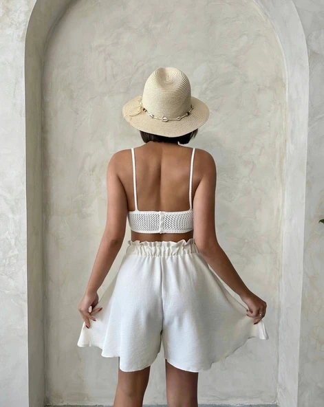 BİÇOMİ Volanlı keten şort bej s255058 - Resim 2