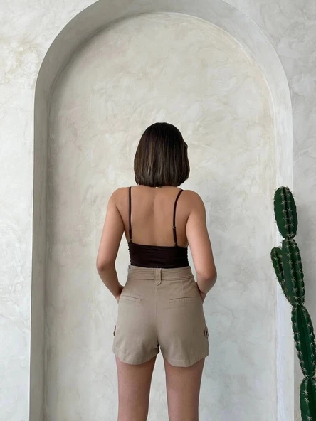 BİÇOMİ Kemer detaylı gabardin şort bej s25289 - Resim 2