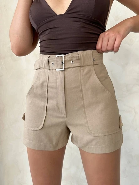 BİÇOMİ Kemer detaylı gabardin şort bej s25289 ürün görseli