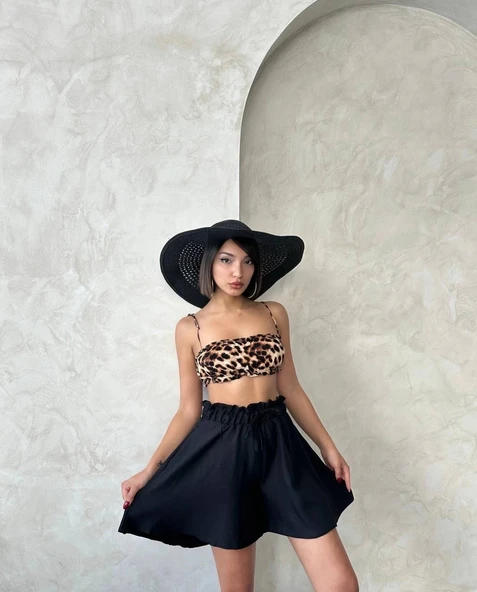 BİÇOMİ Volanlı keten şort siyah s255058 - Resim 3