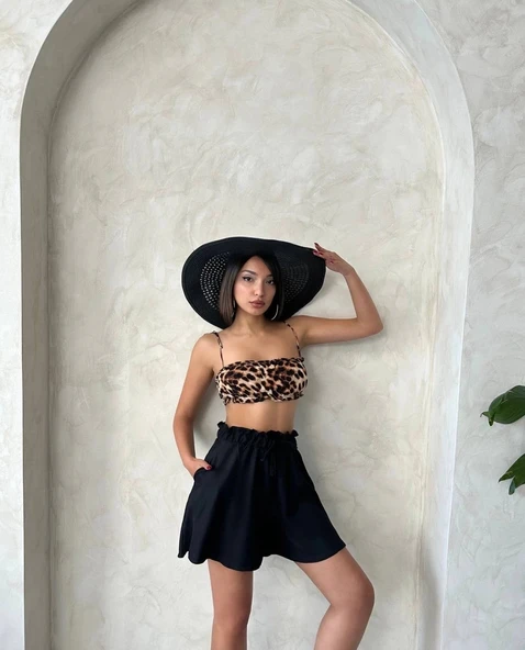 BİÇOMİ Volanlı keten şort siyah s255058 - Resim 7