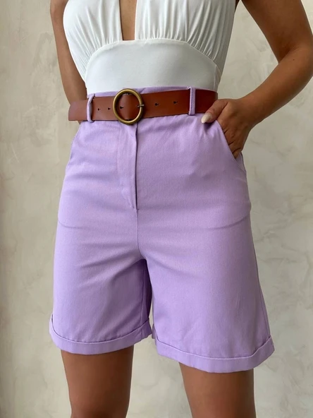 BİÇOMİ Kemerli gabardin şort lila s25735 - Resim 5
