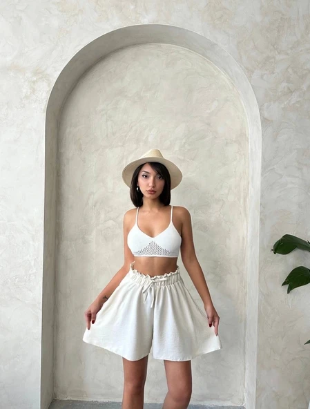 BİÇOMİ Volanlı keten şort bej s255058 - Resim 7