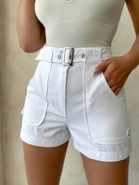 BİÇOMİ Kemer detaylı gabardin şort beyaz s25289 ürün görseli