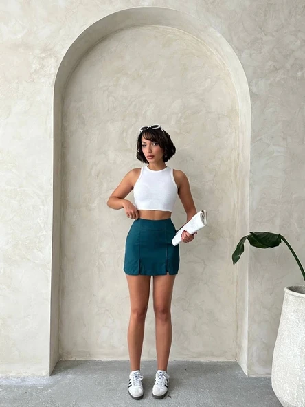 BİÇOMİ Çift yırtmaçlı atlas şort etek petrol yeşili s240364 - Resim 3