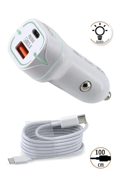 tonex TA-38W 2 Girişli Type-C To Type-C Kablolu Araç Şarjı Işıklı - - Resim 3