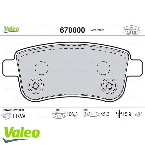 Renault Arka Fren Balatası Fluence 09> Megane III 09> Megane IV 15> Grand Scenic III 09> Clio V 20> Captur I - Valeo 670000 ürün görseli