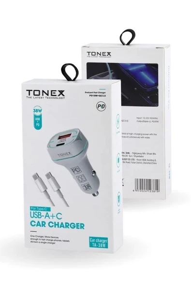 tonex TA-38W 2 Girişli Type-C To Type-C Kablolu Araç Şarjı Işıklı - ürün görseli 1