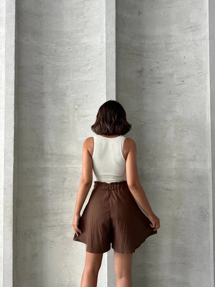 BİÇOMİ Volanlı keten şort kahve s255058 - Resim 5