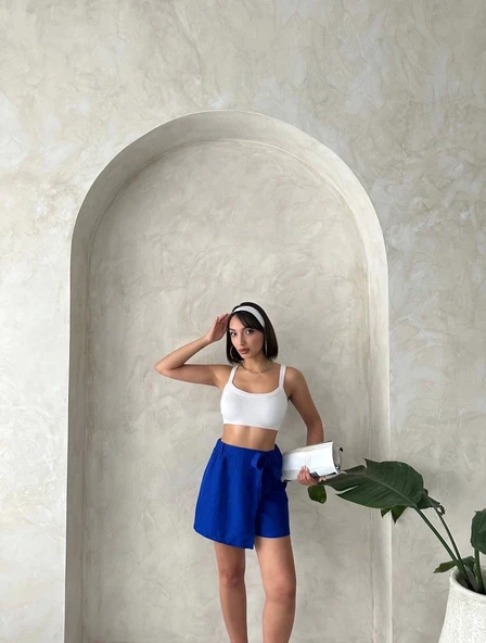 BİÇOMİ Fiyonklu şort etek saks s255021 - Resim 6