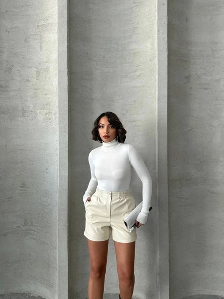 BİÇOMİ Beli lastikli çıtçıtlı deri şort krem w241007 - Resim 6