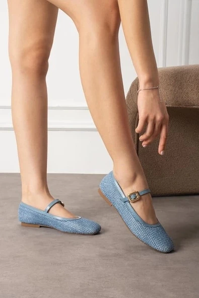 BİÇOMİ Rives Mavi Cilt Hasır Dokumalı Babet Ayakkabı - Resim 3
