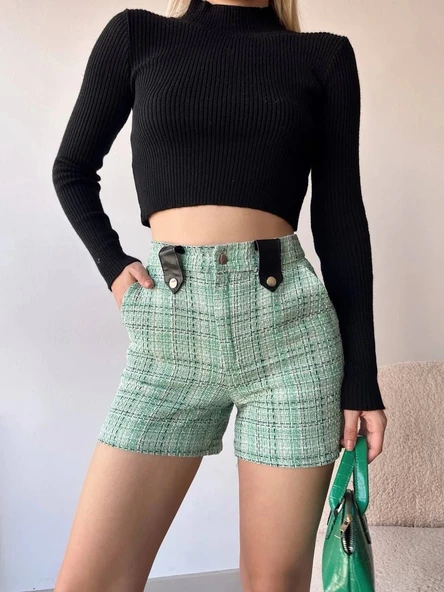 BİÇOMİ Çıtçıtlı siyah köprü tüvit şort yeşil ürün görseli