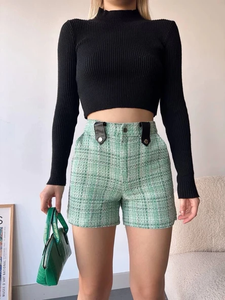 BİÇOMİ Çıtçıtlı siyah köprü tüvit şort yeşil - Resim 2