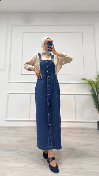 BİÇOMİ Etekli salopet enzim süper taş yıkama koyu mavi d2521 - Resim 5