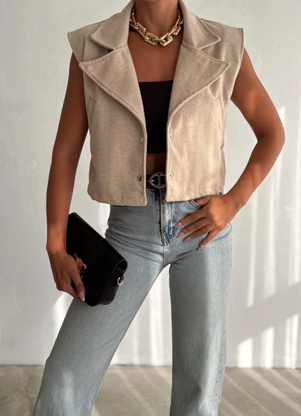 BİÇOMİ Önü çıtçıtlı cepli kaşe yelek bej f2253 - 2