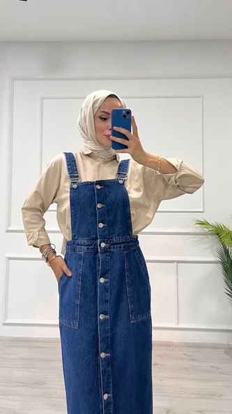 BİÇOMİ Etekli salopet enzim süper taş yıkama koyu mavi d2521 - Resim 6