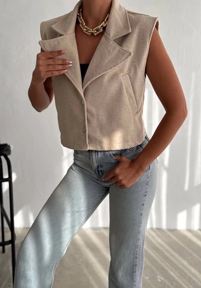 BİÇOMİ Önü çıtçıtlı cepli kaşe yelek bej f2253 - 3