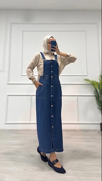 BİÇOMİ Etekli salopet enzim süper taş yıkama koyu mavi d2521 - Resim 4