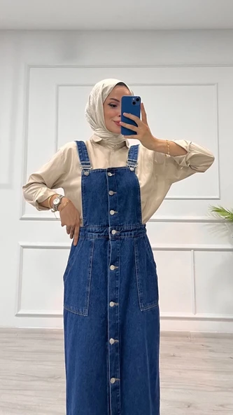 BİÇOMİ Etekli salopet enzim süper taş yıkama koyu mavi d2521 - Resim 3