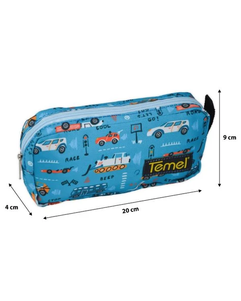 Temel Taşıt Desenli Okyanus Mavisi Tek Gözlü Kalem Çantası - 4