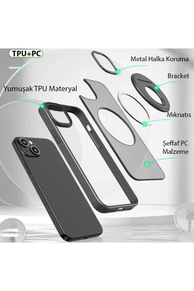 Akman ALLY iPhone 14 - iPhone 13 İçin Magsafe Uyumlu Yüzük Standlı Manyetik Silik - ACL6207375-2268 - Resim 5