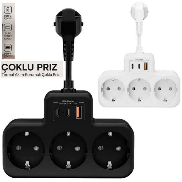 BEYAZ Akıllı Priz Termal Korumalı 3 Prizli Çoklu Akım Prizi | 2 USB-A + 1 USB - KORUMALI PRİZ