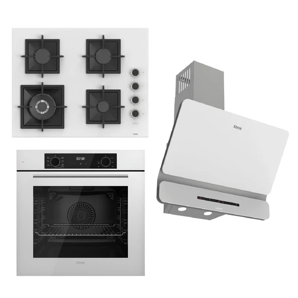 Ferre FLOWART-SILENTART Serisi Beyaz Set (SC406-WFA + QBL63CB +D081-SA ) - Döküm Izgara / 65 cm Ocak