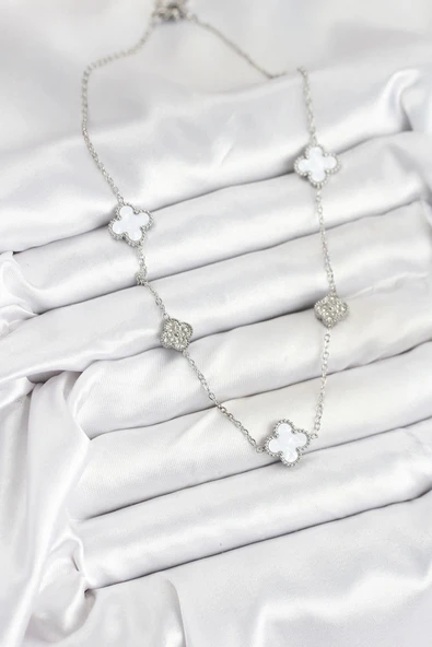 316L Çelik Zincir Gümüş Renk Beyaz ve Zirkon Taşlı Yonca Kadın Kolye - Resim 2